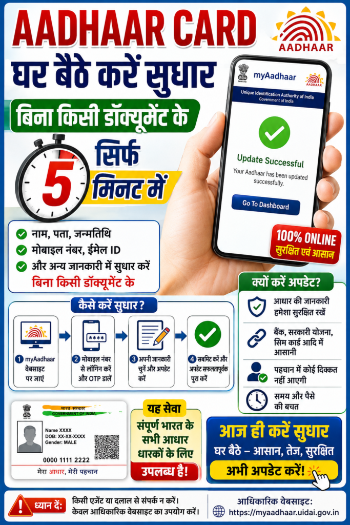 Aadhar card : घर बैठे करे सुधार बिना किसी डॉक्यूमेंट के सिर्फ 5 मिनट में