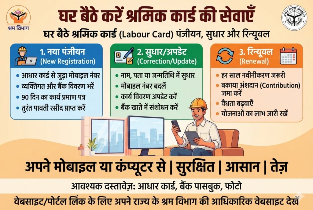 श्रमिक कार्ड पंजीयन, सुधार और रिन्यूवल करे घर बैठे
