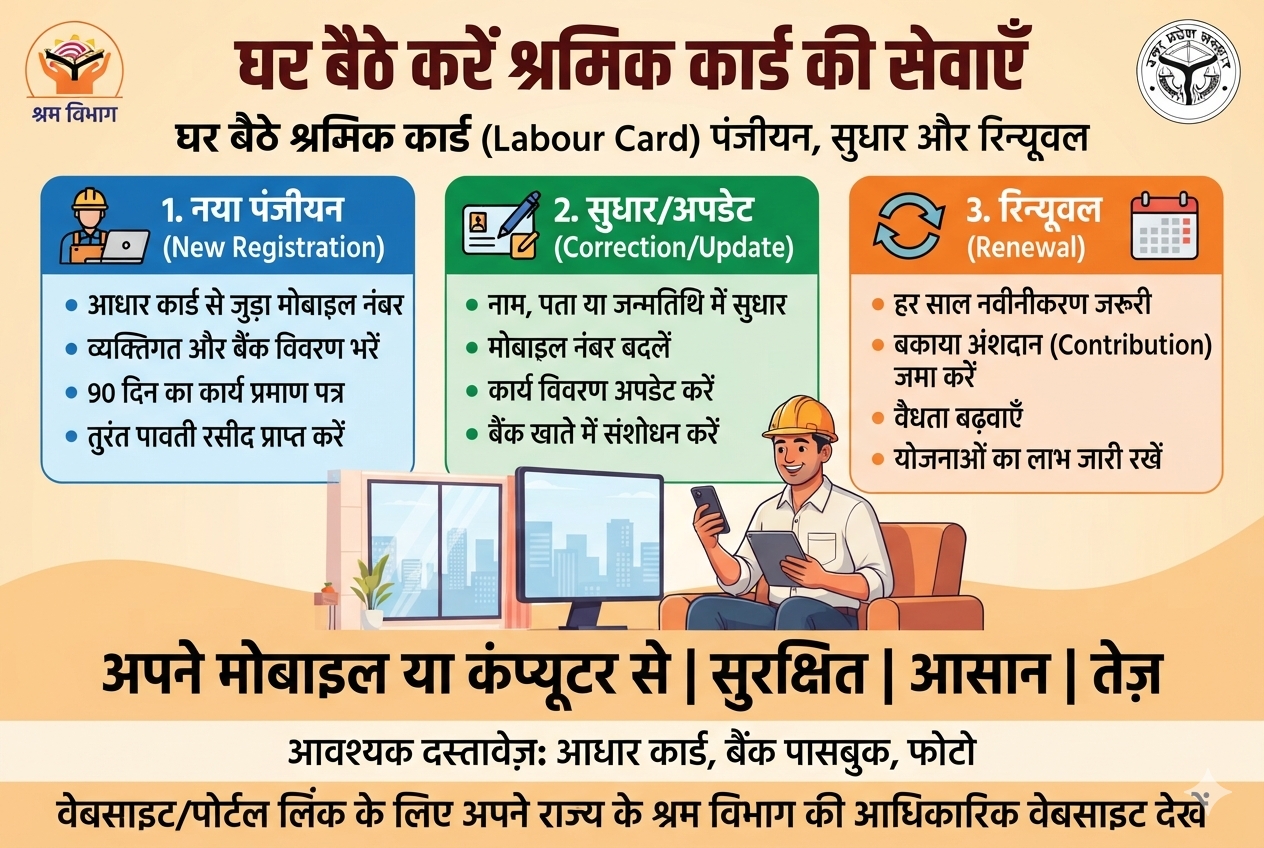श्रमिक कार्ड पंजीयन, सुधार और रिन्यूवल करे घर बैठे
